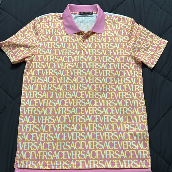 Versace pink & yellow allover polo - Picture 2 of 4